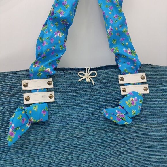 Large straw Tote Bag in Shades of Blue & Purple w Floral Scarf Handles by Babani - Picture 2 of 13